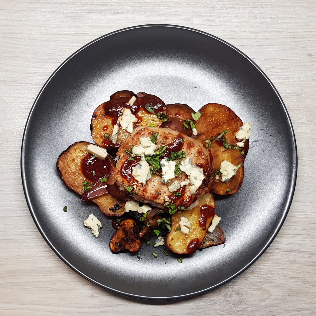 Pork Chops with Balsamic Roasted Vegetables and Gorgonzola