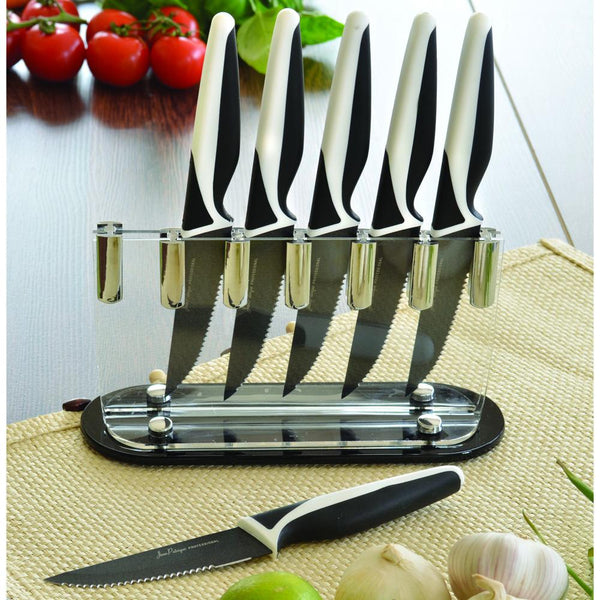 Jean-Patrique Non-Stick Steak Knife 6 Piece Set | Steel Blades Protector Free Perspex Clear Knives Block