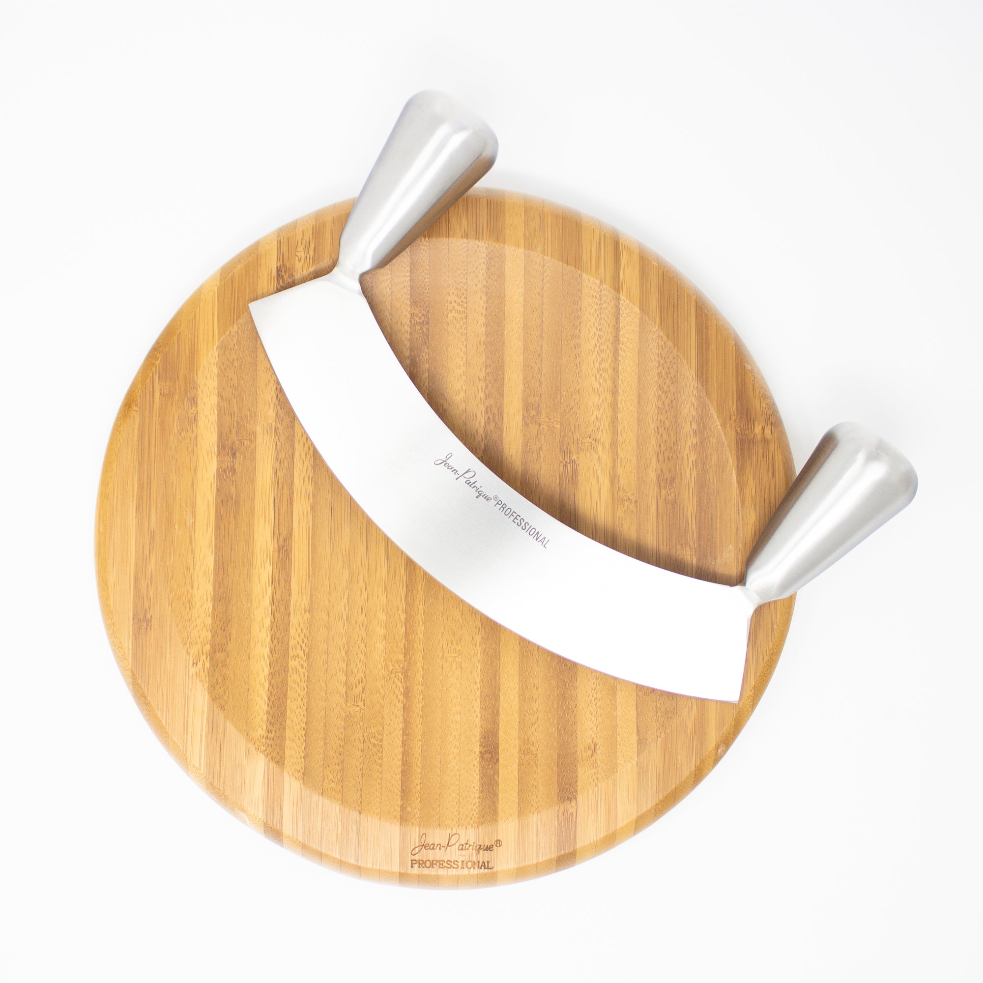 Large Double-Handled Stainless Steel Mezzaluna & 10 1/5 Inch Board﻿